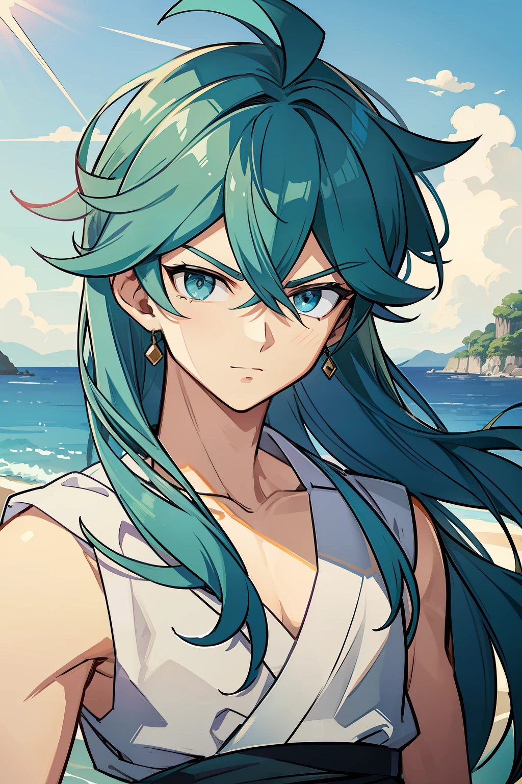 (high-quality, breathtaking),(expressive eyes, perfect face) 1boy, male, solo, young adult , medium blue hair, green coloured eyes, stylised hair, gentle smile, long length hair, loose hair, side bangs, curley hair, really spiky hair, spiked up hair, looking at viewer, portrait, ancient greek clothes, blue black and white tunic, white Chlamys, sleeveless, greek, blue and gold sash, ocean background, laurel accessory, slightly narrow eyes, masculine face, masculine eyes