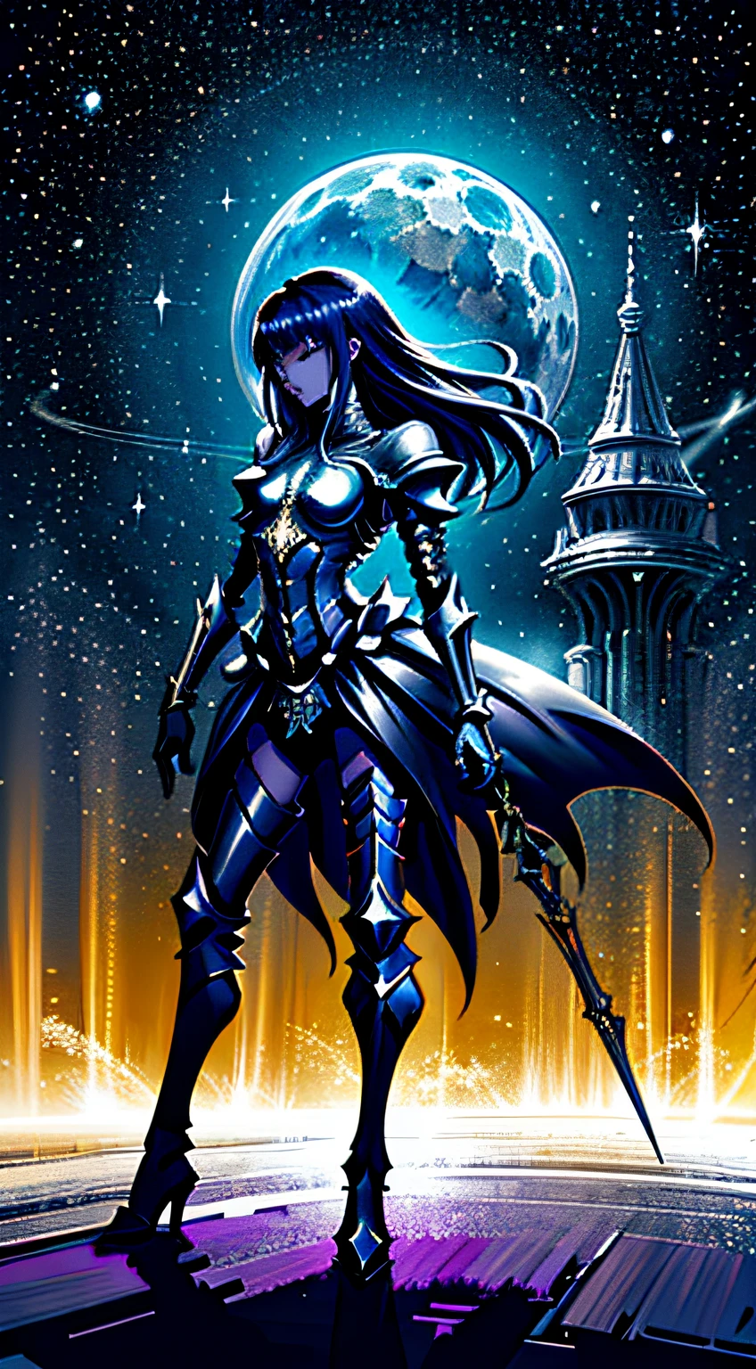 Stunning intricate super illustration, A fusion of medieval knights and sci-fi armor, Laser sword in hand, art of shadow and shine, photorealistic paintings, Baroque architecture with many sparkling rainbow gradient bubbles in the background, Hazy half moon and starry sky, Light and Darkness, Explosion of blue-white flame, dark fantasy glass flower, tree that bears snowflake fruit,