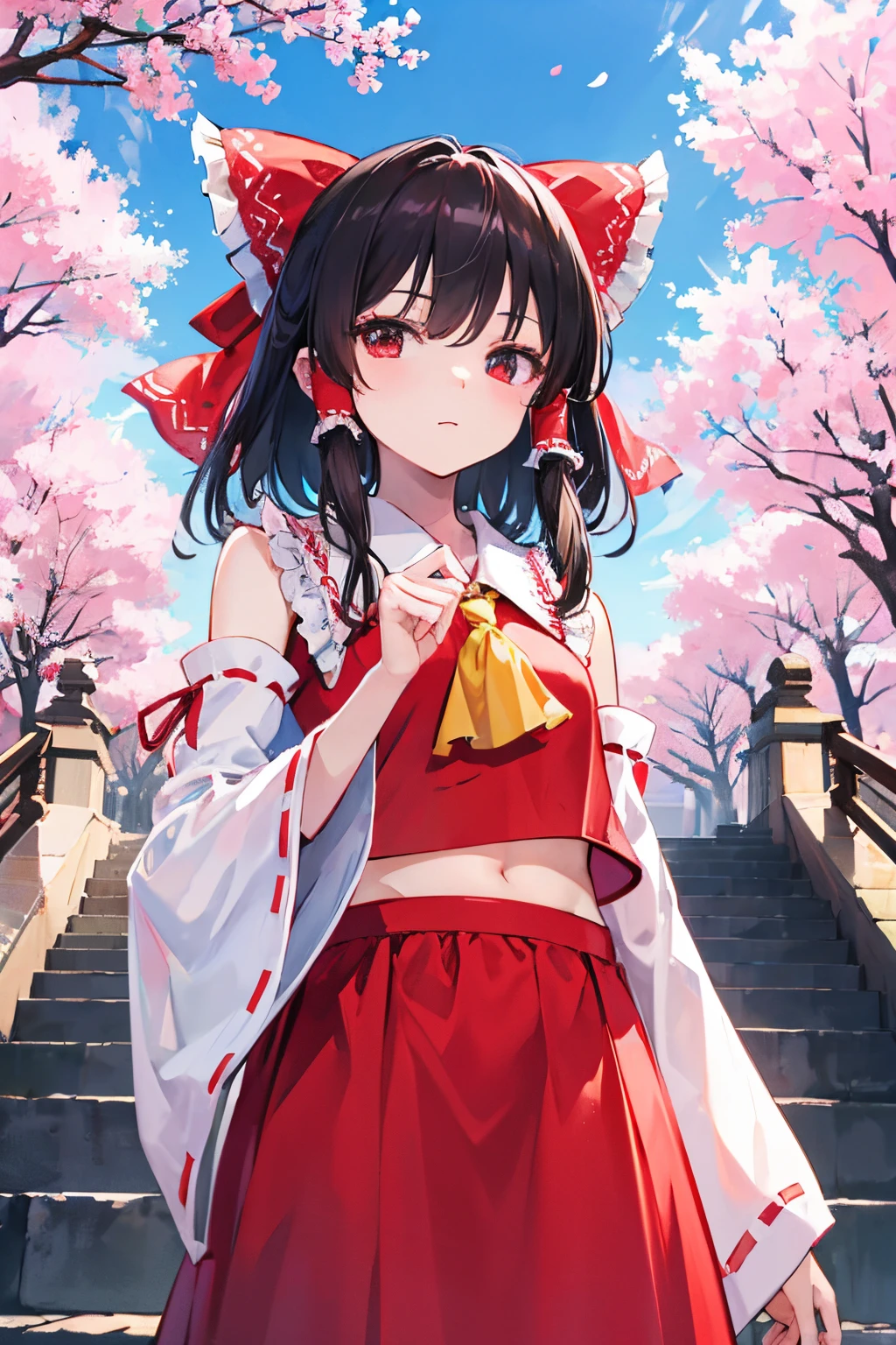 hakurei reimu, touhou project, tree, stairs, standing, sky, cherry blossoms, temple, looking at viewer, upper body, from below,
