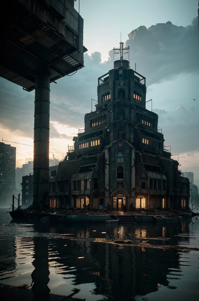 Create a post-apocalyptic scenario where water flooded the earth, with few trees and many structures and buildings. Add high-resolution details such as abandoned buildings, cracks in the structure, faulty electrical installations, and poor lighting. The scene should have a mysterious and dark tone, with elements of water and ruins, high resolution, hyper detailed, add vessels used as cities, ship cities, 8k, lots of quality