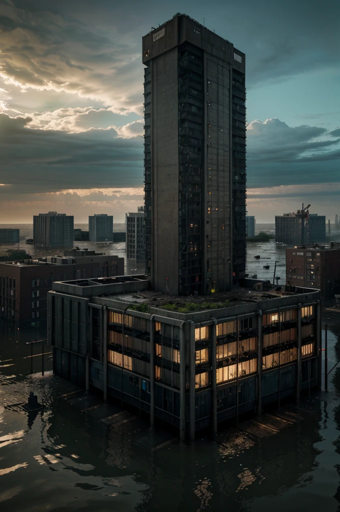 Create a post-apocalyptic scenario where water flooded the earth, with few trees and many structures and buildings. Add high-resolution details such as abandoned buildings, cracks in the structure, faulty electrical installations, and poor lighting. The scene should have a mysterious and dark tone, with elements of water and ruins, high resolution, hyper detailed, add vessels used as cities, ship cities, 8k, lots of quality