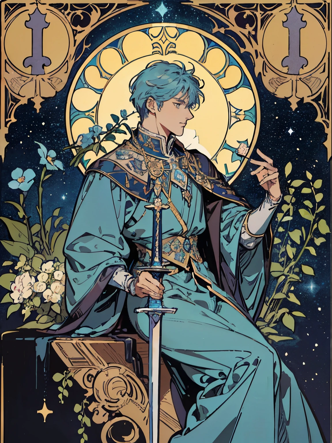 (Flat color:1.1),(Colorful:1.3),(Masterpiece:1.2), tarot: Knight, Best quality, Masterpiece, Original, 1 male, a knight, paladin with a sword in his hand,Full body photo of men,Very detailed wallpaper,Solo,Blue starry sky,tarot card layout,Best quality, Masterpiece, (Realistic:0.6), Realistic lighting,Flower frame, Decorative panels, abstract artistic, Alphonse Mucha (tmasterpiece, best qualtiy, A high resolution: 1.4), A detailed, Complicated details, 4K,cerulean, Line art, Fibonacci
