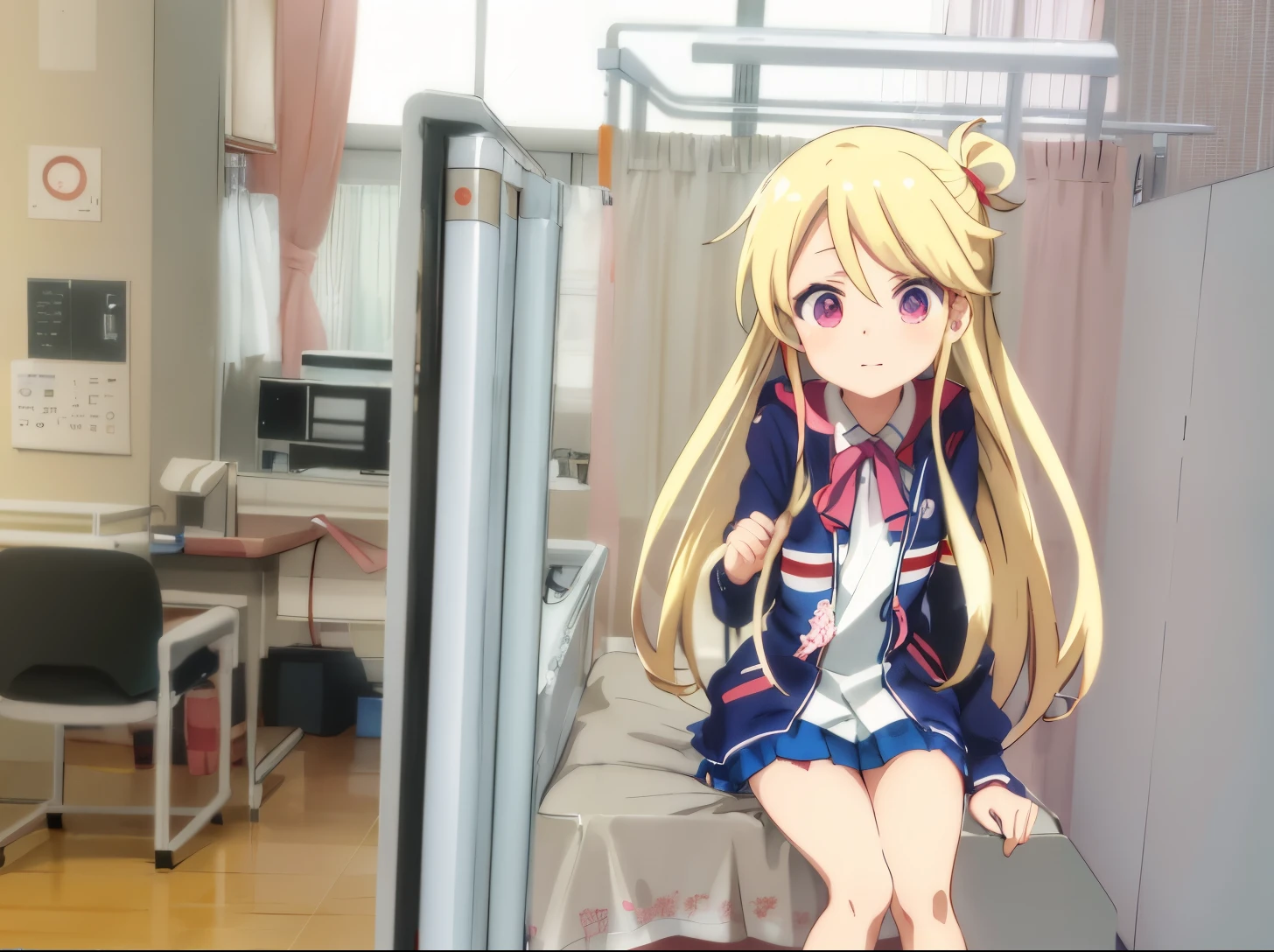 Anime character in a hospital room with bed and desk, in ryuuou no oshigoto art style, at the hospital in patient gown, in dress, anime moe art style, Anime style like Fay Night, small curvy lolisual novel sprite, in an anime, painted in anime painter studio, Still from TV anime