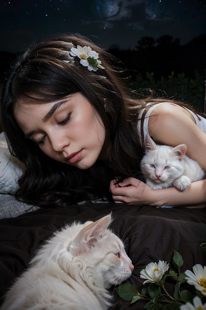A and a fluffy white kitten, flowers, sleeping, long black hair, night, starry sky