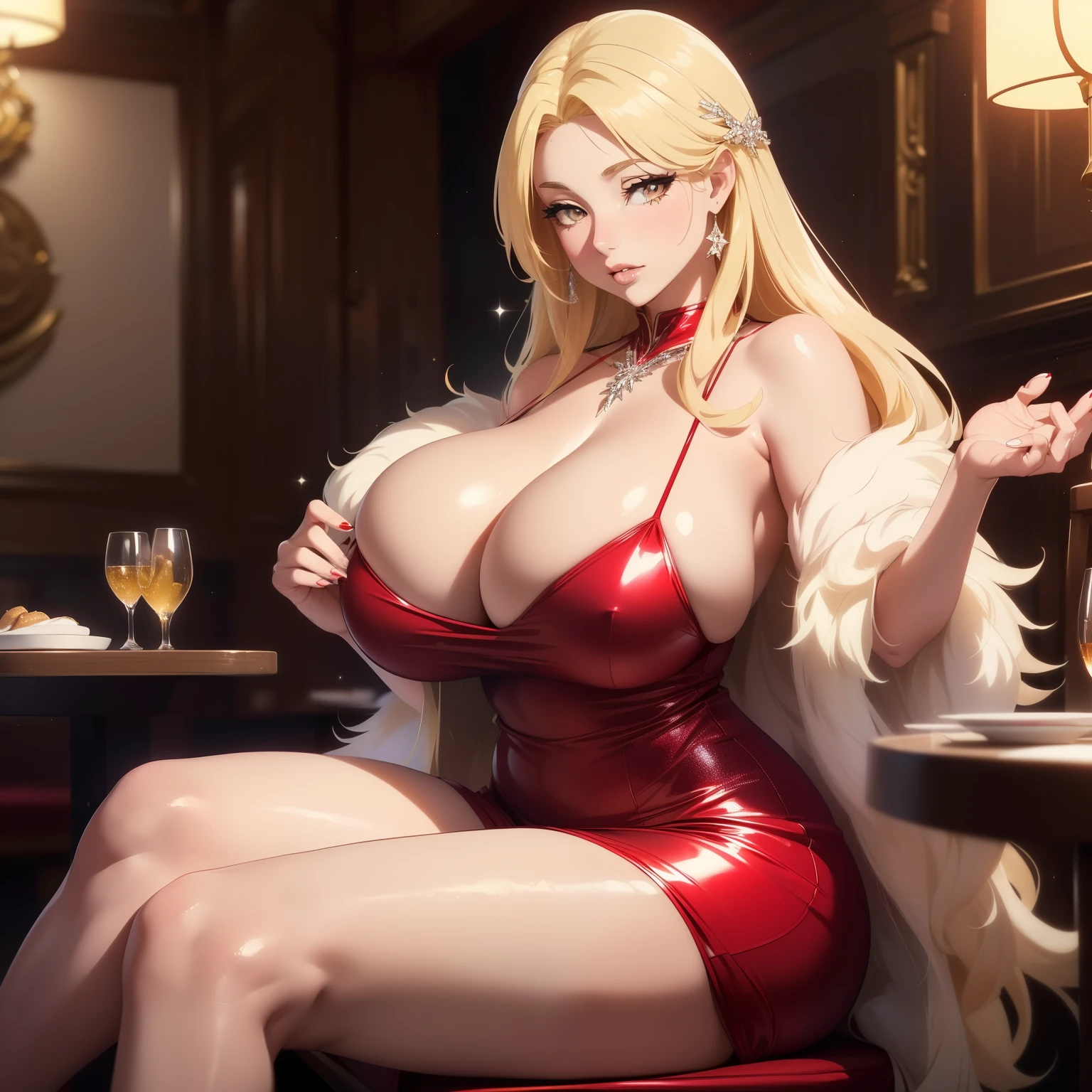 (Beautiful picture), (Masterpiece), (Anime Style 4K), ((((Solo)))), ((big breasts)), (curvy), (sexually suggestive), perfect hands, ((lips)), (sitting down), (sitting at a table), (restaurant), (wearing a sparkly sexy beautiful red dress) (white fur coat), ((beautiful long blonde hair)), (mature woman), ((hair covering one eye)), (shiny skin), (beautiful diamond eyes),
