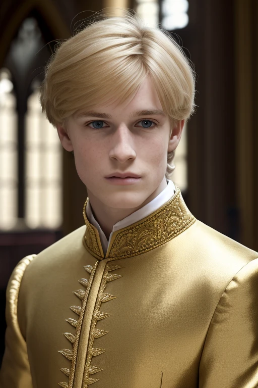 a young man, golden blonde hair, whole body, in castle, masterpiece, realistic, 4k, detailed, of london in the day, highly detailed face, f2.8,denoise, dof, prince regal clothes, blur background,