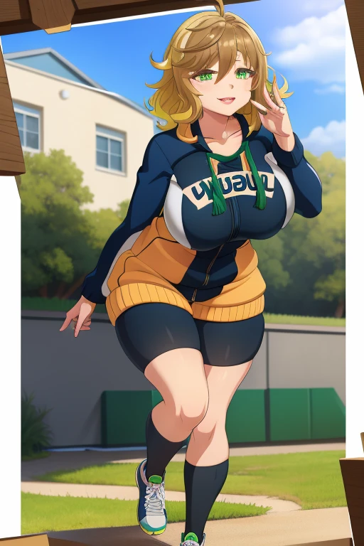 amicia michella - nijisanji, 1girl, (((bimbo))), brown short hair, yellow inner hair, wavy hair, green eyes, (((bimbo))), thin lips, painted lips, shy smile face, wide hips, thick thighs, huge round ass, shiny oily breasts, track suits, full body, dynamic pose, park, nsfw