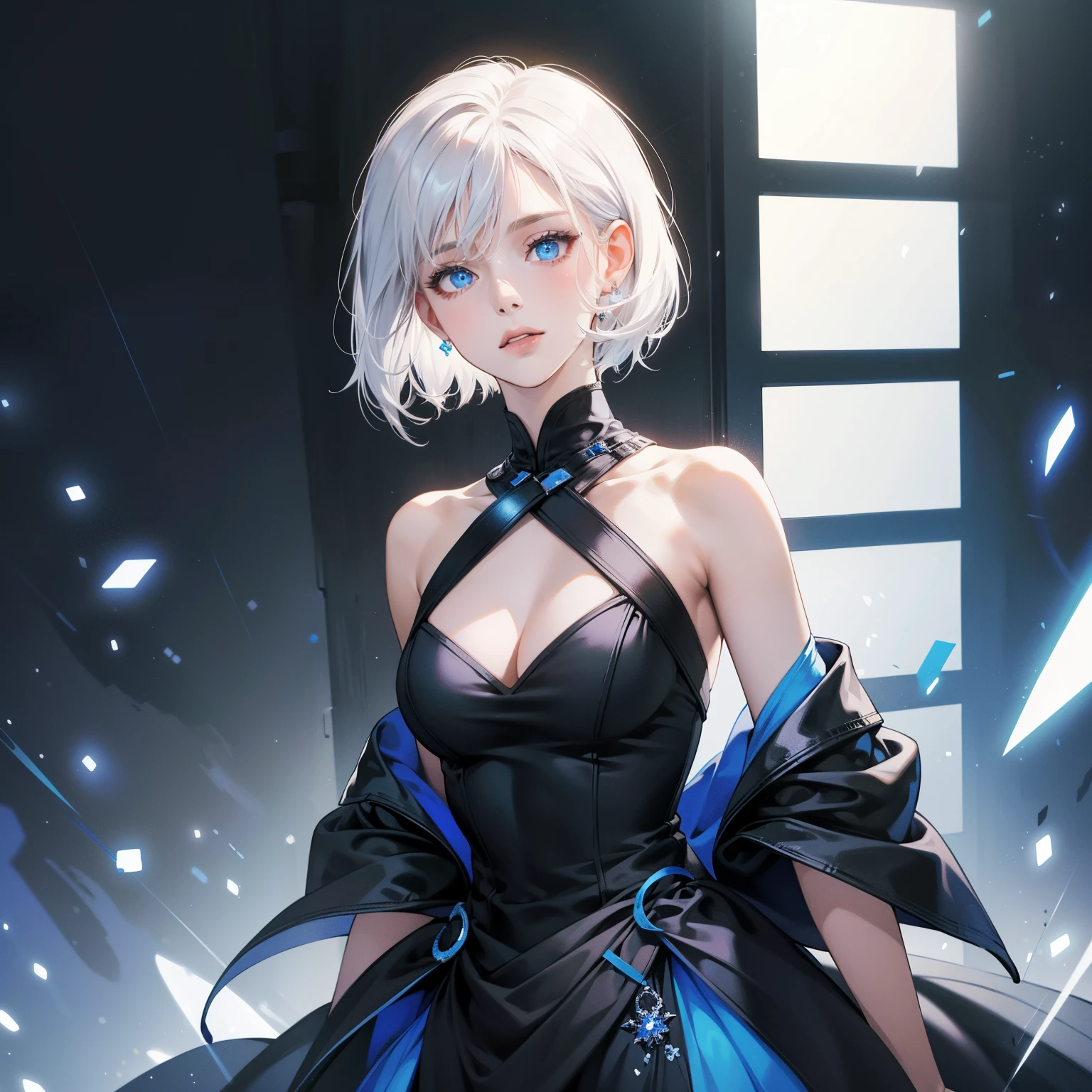 Masterpiece, high quality, best quality, HD, realistic, perfect lighting, detailed body, 1 woman, perfect eyes, short hair, white hair, glowing, Blue & Black dress, Cute background.