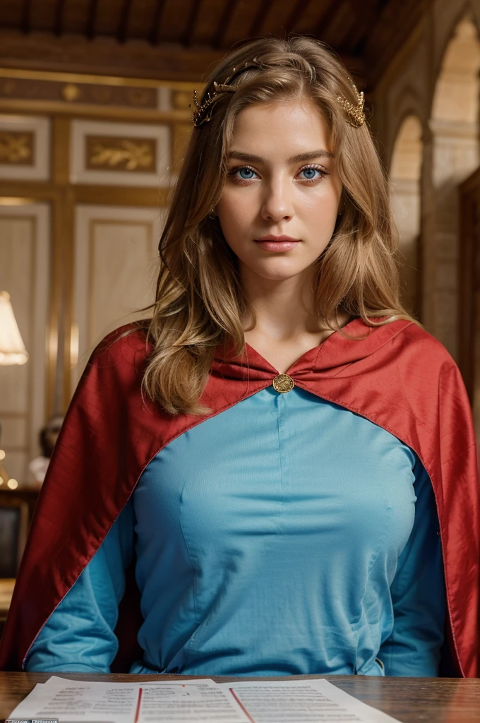 (Masterpiece: 1.2, Best Quality), Realistic, (Realistic Picture, Complex Details, Depth of Field), Best Quality, Masterpiece, Highly Detailed, Semi Realistic, 1 Girl, Mature Female, 21 Years Old, Blond Hair, Shoulder length Short Hair, Left Eye Covered with Hair, Blue Eyes, King's Clothes, Red Cloak, Slim Figure, Crown Made of Precious Gold, Reading Documents, Marking Documents, Goose Hair Pen, Office Table, Soft Bench, Palace, In the palace, during the Middle Ages