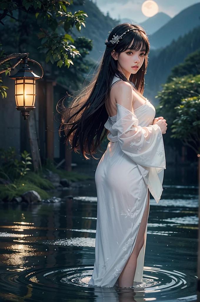 Young long black hair beauty、Ghostly pale skin、A white yukata with thin fabric that gets wet and sticks to the skin、Lake at night in the background、A full-length figure staring intently at us、without underwear、HugeBoobs、You can see the tip of the nipple、Hands spread to the sides