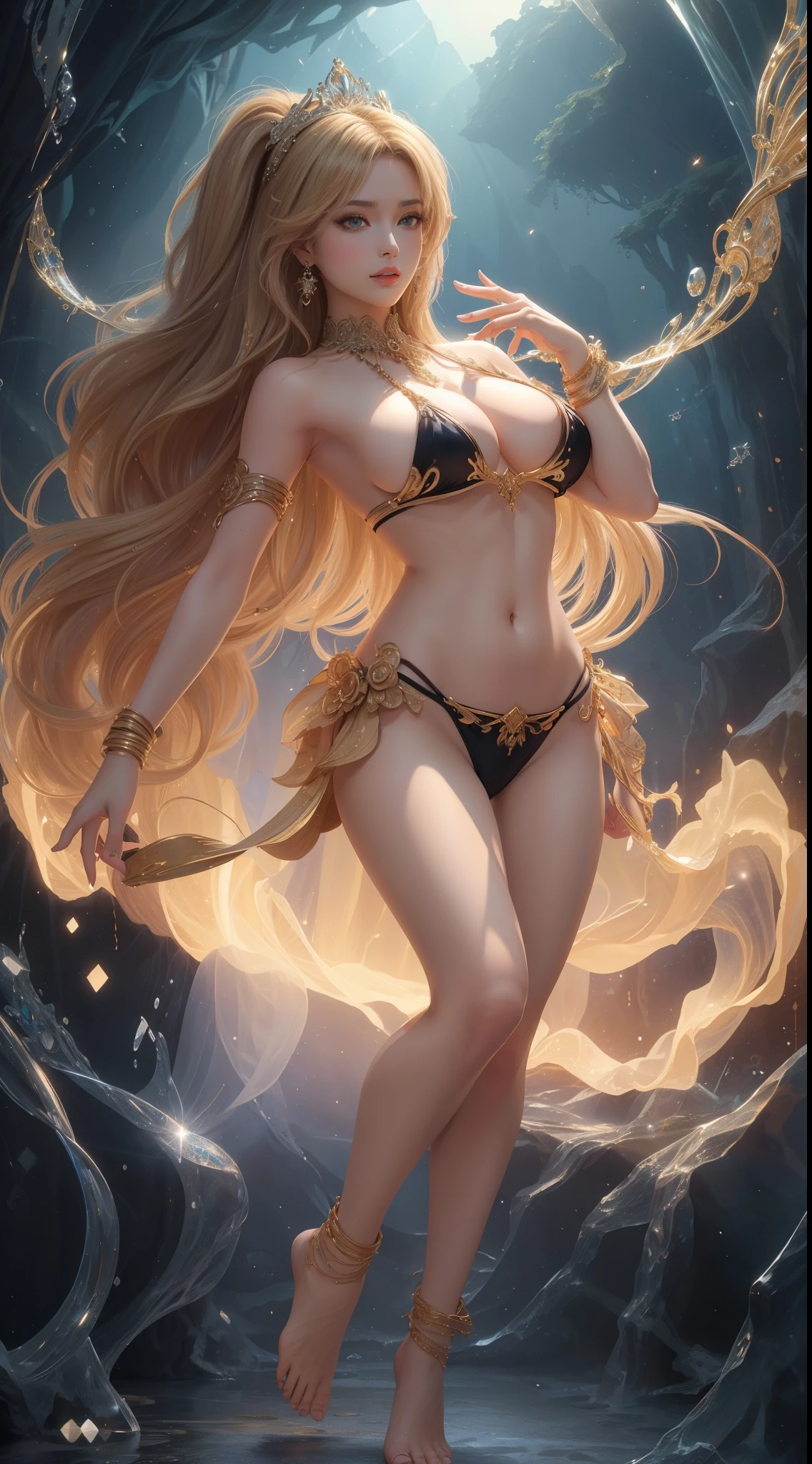 tmasterpiece,Highest image quality,Noble western dance beauty barefoot figure,Sophisticated black and blonde hairstyle,A dazzling array of exquisite jewelry. Lots of exquisite jewelry.,Bikini costumes,Ultra-detailed details,advanced。At the Pixiv Art Station,Break your own power,,Obscenity exposed,R-18G
