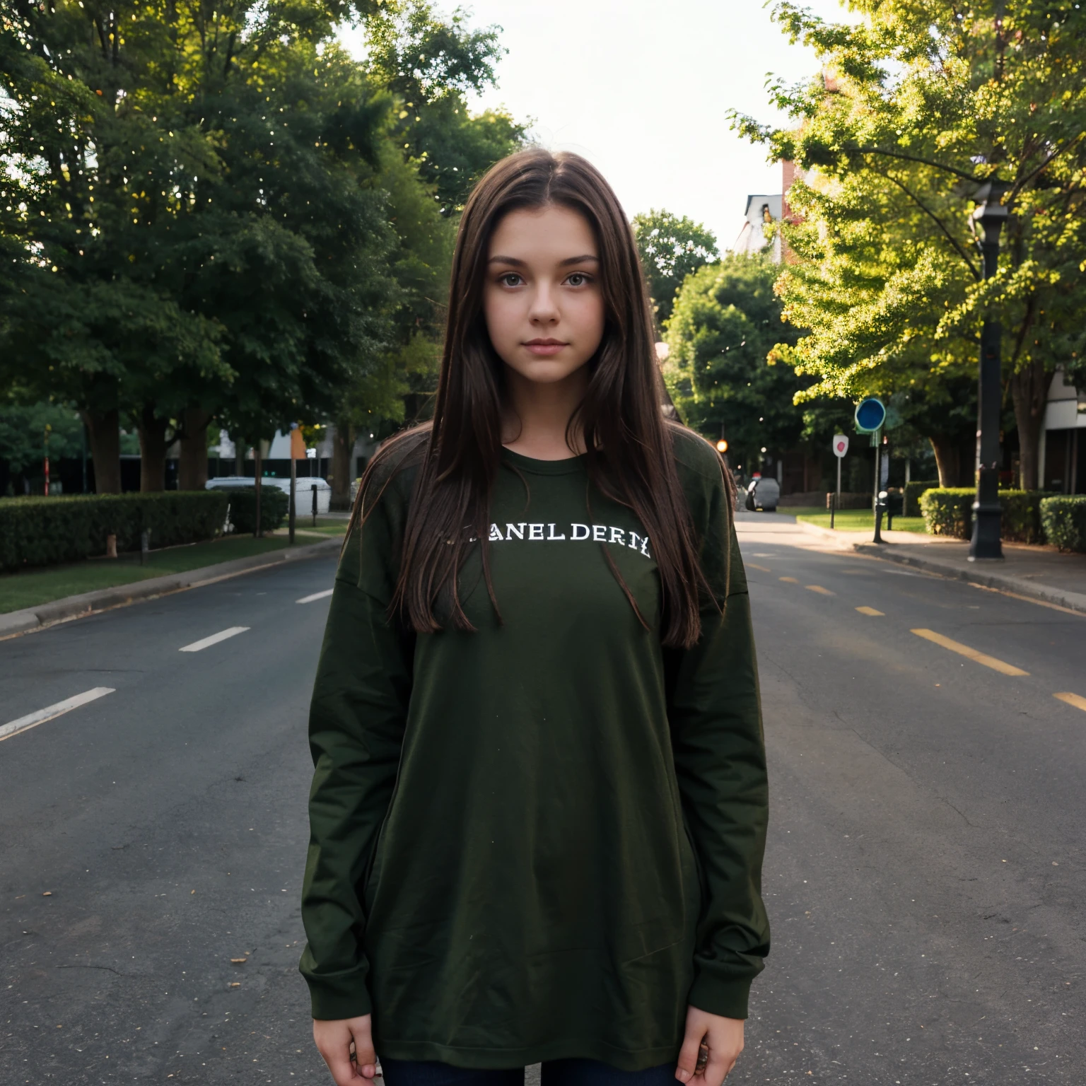 Dark brown hair, green eyes, full body, young teen