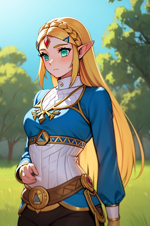princess zelda,  1girl,  bangs, blonde hair, breasts, bridal gauntlets, closed mouth, expressionless, from side, green eyes, highres, jewelry, long hair, long sleeves, nintendo, outdoors, own hands together, pointy ears, ring, small breasts, solo, standing, the legend of zelda, tree, triforce print, upper body, blue shirt and black pants
