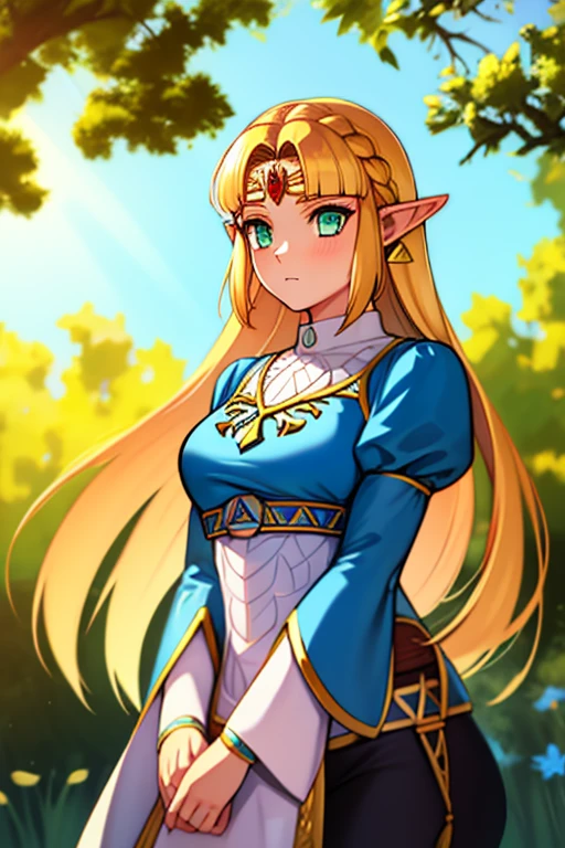 princess zelda, 1girl, bangs, blonde hair, breasts, bridal gauntlets, closed mouth, expressionless, from side, green eyes, highres, jewelry, long hair, long sleeves, nintendo, outdoors, own hands together, pointy ears, ring, small breasts, solo, standing, the legend of zelda, tree, triforce print, upper body, blue shirt and black pants