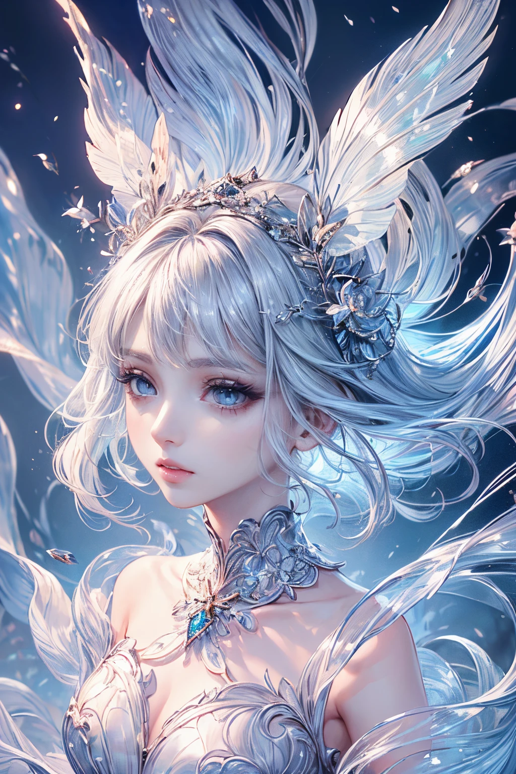 (Best quality at best, 8K, CG, Beautiful and detailed upper body, Solitude, Thumb girl, Transparent court dress, florest background, Complex facial features, long, floated hair, almond eyes, exquisite eye makeup, long eyelashes fluttering, Blink big eyes, starrysky, Delicate lip detailing, Soft and harmonious style)