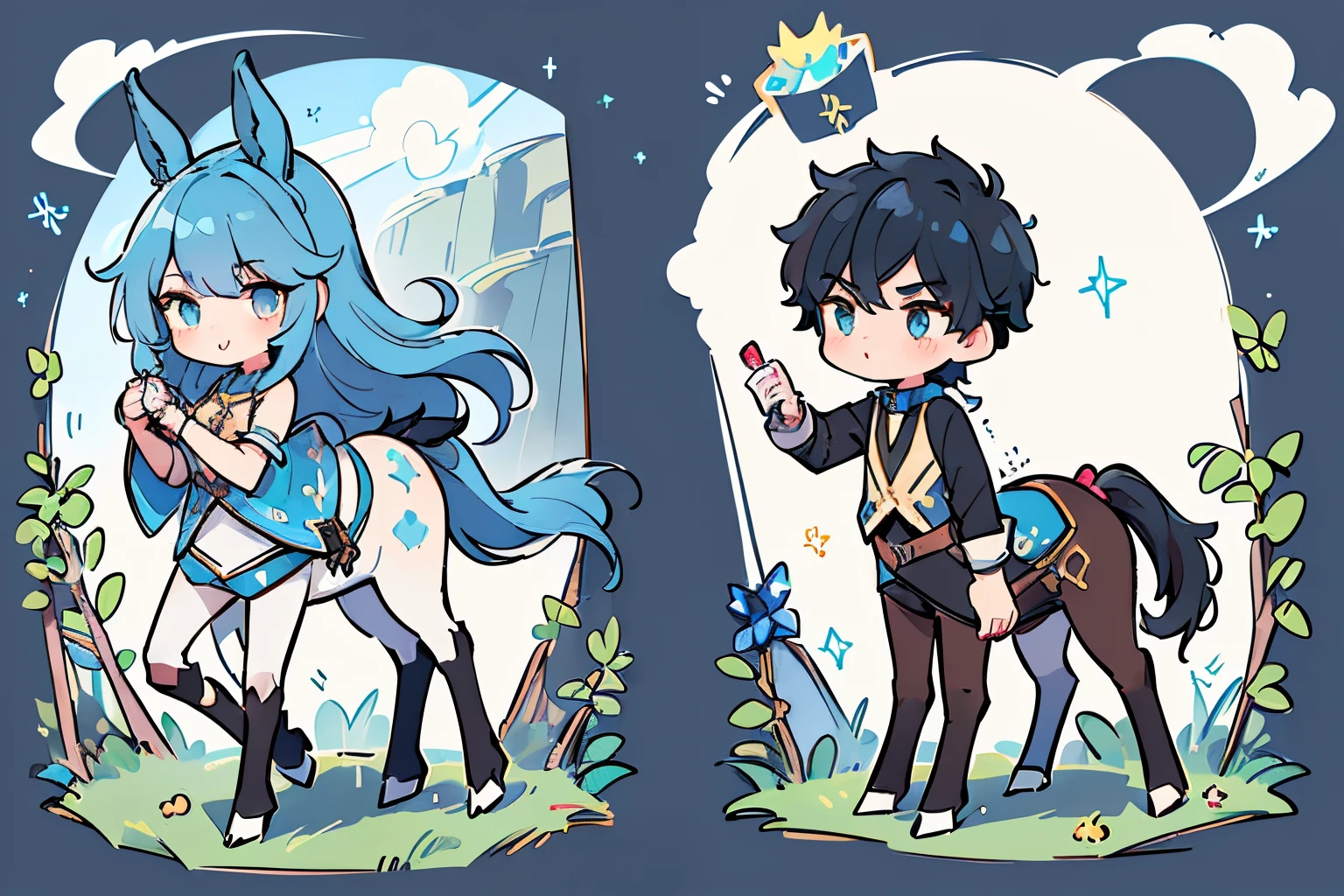 (((centaur girl with long blue hair))),(((black-haired centaur boy))),(((Lower body is a horse)))(((1girl and 1fem boy))),(Top image quality, in 8K, masterpiece, The ultra-detailliert),full body Esbian,Chibi