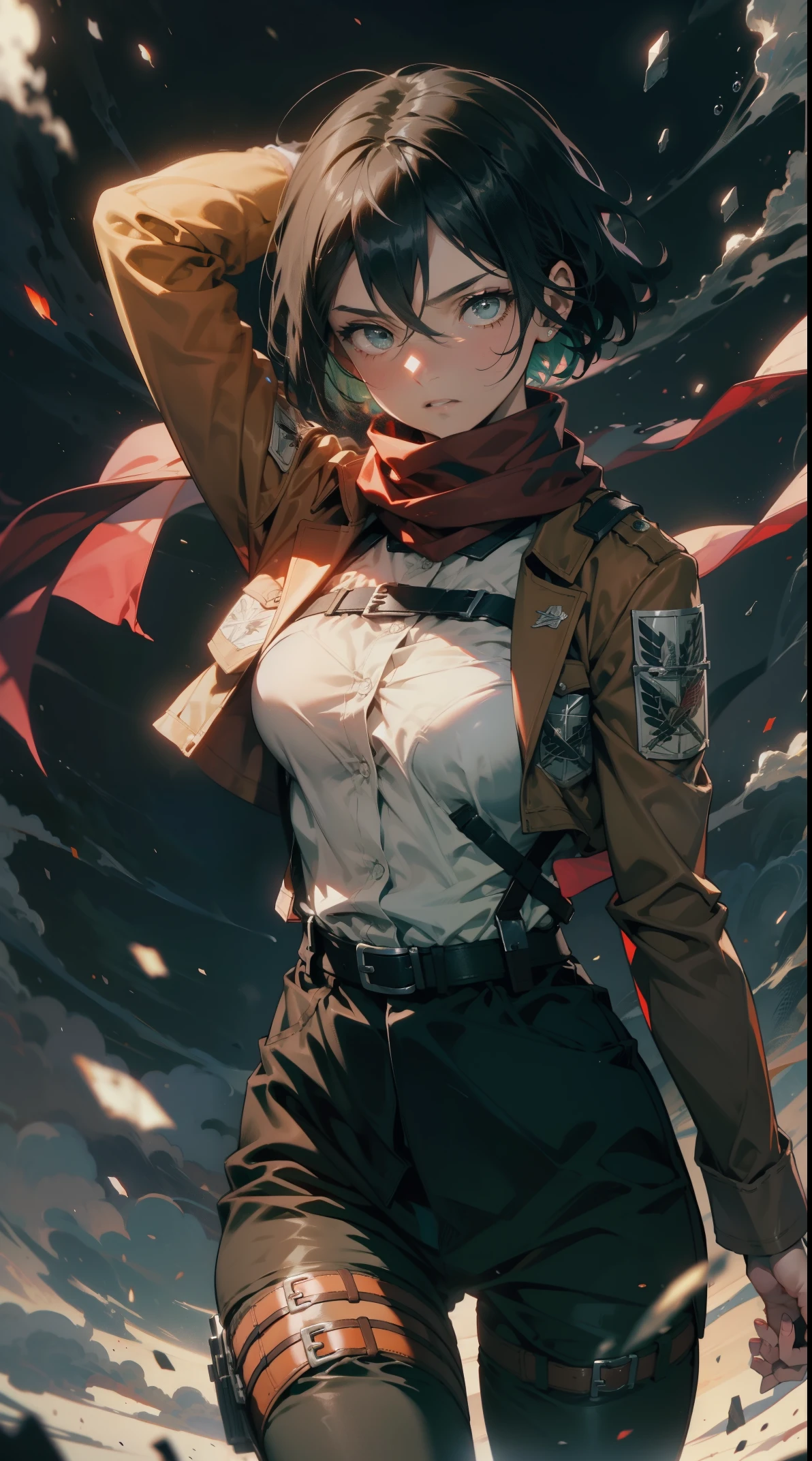 aot style, shingeki no kyojin,

mikasa ackerman,cleavage，Off-the-shoulder attire

1girl, arm strap, bangs, black hair, black pants, breasts, cowboy shot, embers, green eyes, grey background, hair between eyes, harness, long sleeves, looking at viewer, medium breasts, pants, red scarf, scarf, shirt, short hair, smoke, solo, thigh strap,  brown jacket, white shirt, survey corps \(emblem\)

, ((masterpiece)), best quality
,