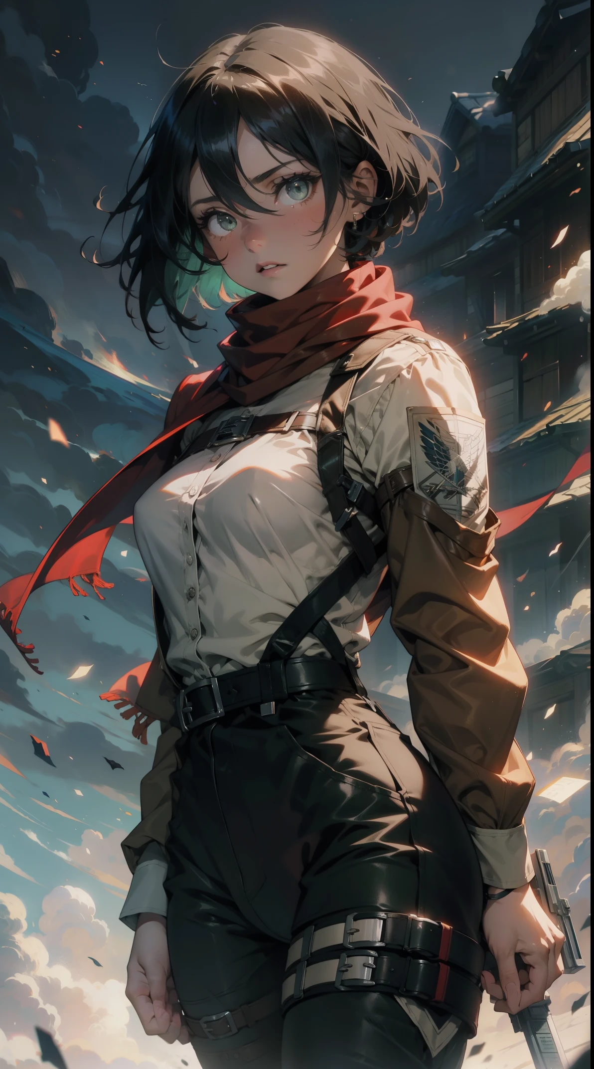 aot style, shingeki no kyojin,
mikasa ackerman,cleavage,Off-the-shoulder attire
1girl, arm strap, bangs, black hair, black pants, breasts, cowboy shot, embers, green eyes, grey background, hair between eyes, harness, long sleeves, looking at viewer, medium breasts, pants, red scarf, scarf, shirt, short hair, smoke, solo, thigh strap, brown jacket, white shirt, survey corps \(emblem\)
, ((masterpiece)), best quality
,
