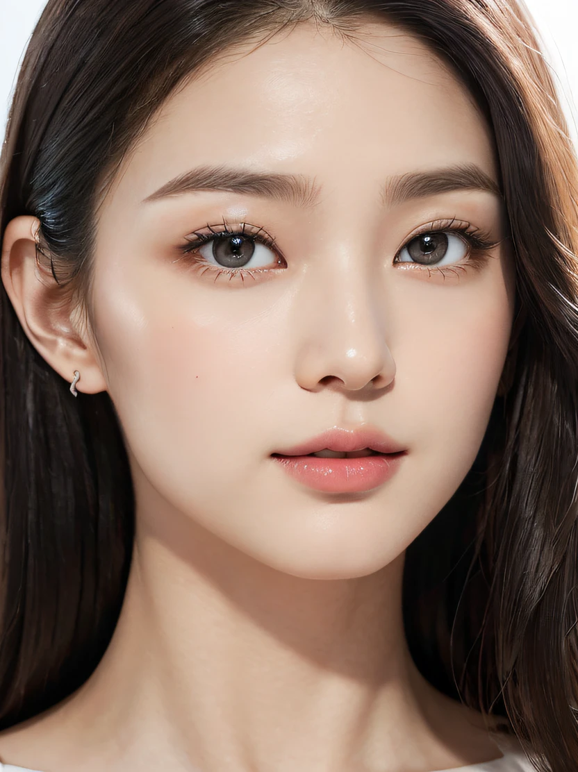((masterpiece、top-quality、realisitic、ultra-detailliert、hight resolution、Photorealsitic、foco nítido、lighting like a movie))、Stunning portrait of a beautiful woman、bustshot、High contrast、heavy make-up、With an oval face and symmetrical facial structure、Big eyes、Khazar eye color、almond shape eyes、Straight and balanced nose、Soft wavy black hair、heart-shaped lip、Perfect eyebrows、Perfect ears、Soft skin、pale white skin、raise your chin slightly、Mouth closed、A slight smil 、Plain background、Focus from the chest up