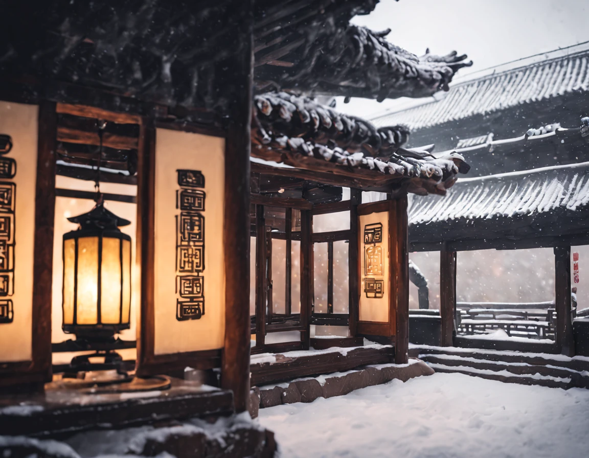 Inside an ancient china house, cozy, camera perspective is from inside the house looking out the window, outside the window there is a courtyard, light snowfall outside, small lantern and bell