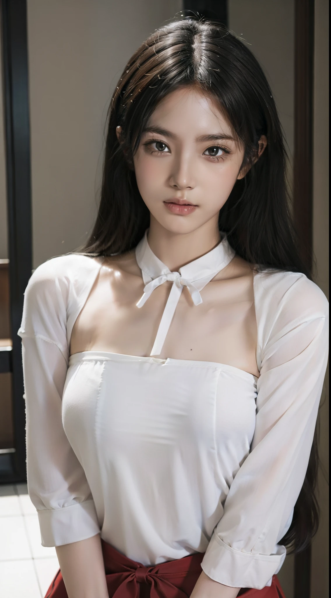 highest quality、Ultra-high resolution、(Realistic)、18-year-old girl、((((Blouse open))))、((((I can see your nipples)))),Hyper Detail、Super Realistic、(Photorealistic)、More about beautiful skin、(masterpiece:1.0)、(highest quality)、(Ultra-high resolution)、8k resolution、Canon EOS R5、135mm、Absurd、Very detailed、Sharp focus、Fine skin、(((Chirarizum、Small breasts)))