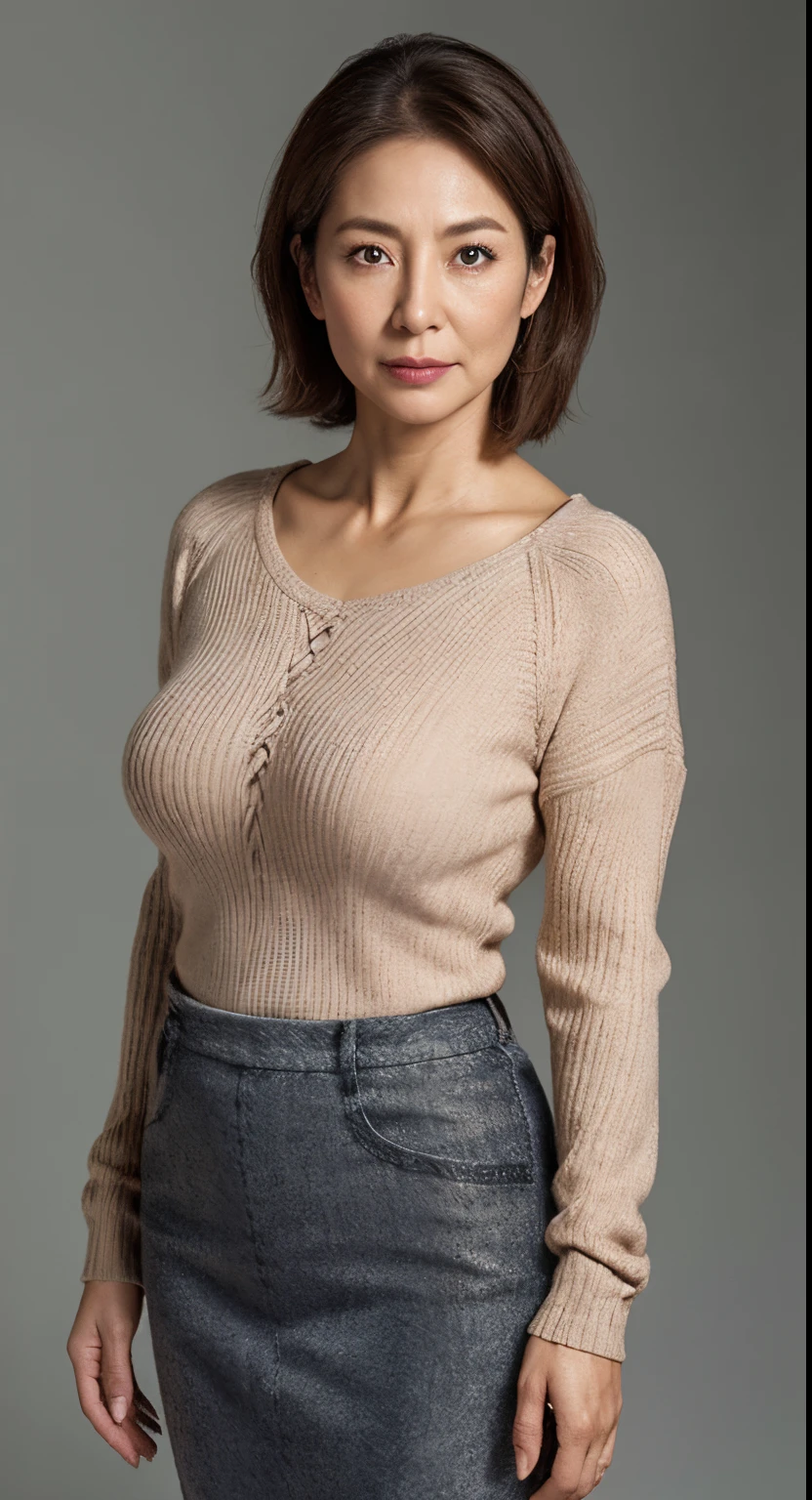 hight resolution, high-level image quality, high detailing, ​masterpiece, Textured skin, tre anatomically correct, sharp, greybackground((japanese mature, sixty years old)), 独奏, ((Wrinkles on the face)), large breasts with good shape, Light brown straight hair that reaches to the shoulders, chubby figure (((Stand upright facing the center of the screen))), Close your mouth and look straight ahead with a serious face, Sweaters, skirt by the, ((cowboy  shot)),