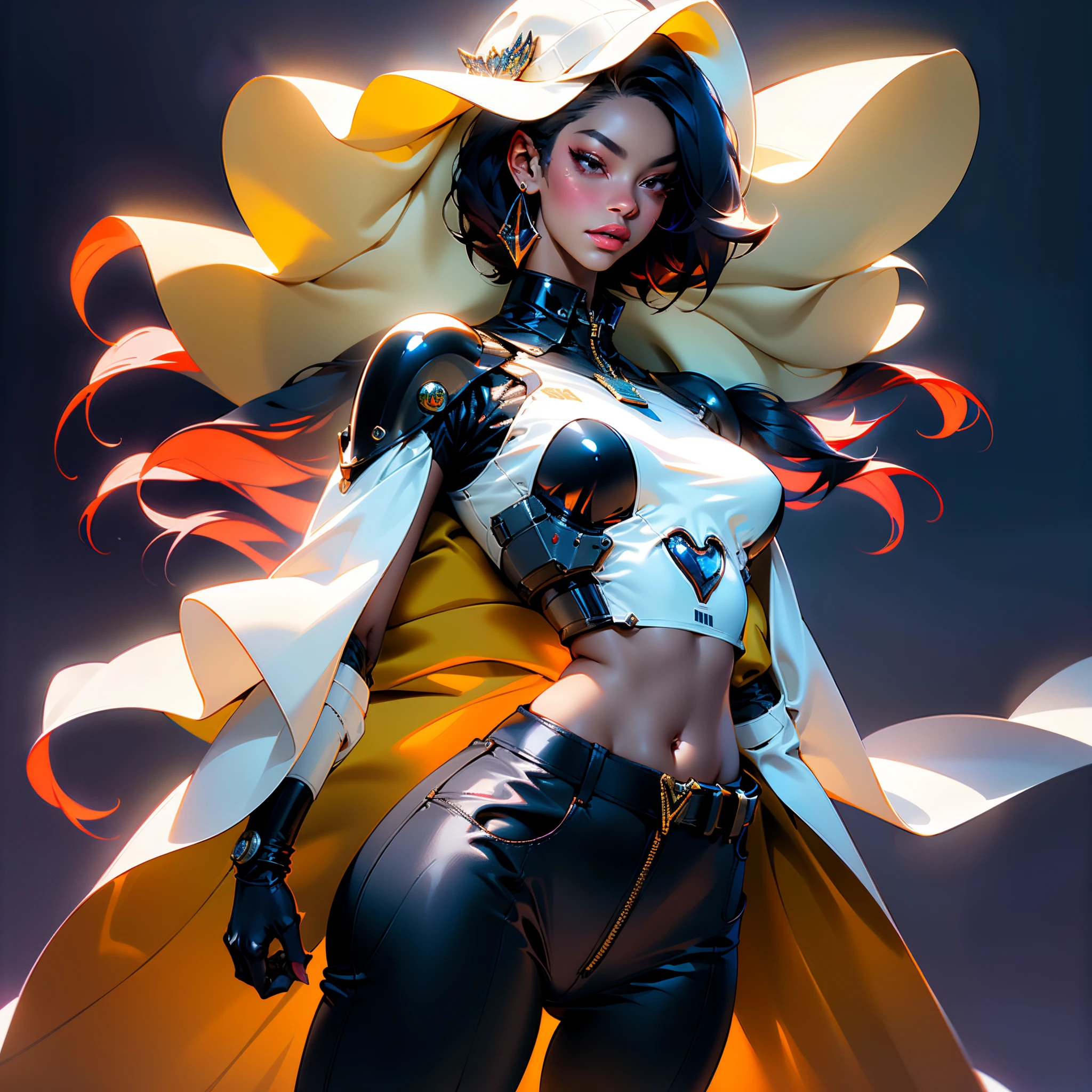 dark brown skin girl,, huge gorgeous afro hair and big eyes, wearing a yellow dress and a yellow witch hat, soft expression. semi realistic. flat figure