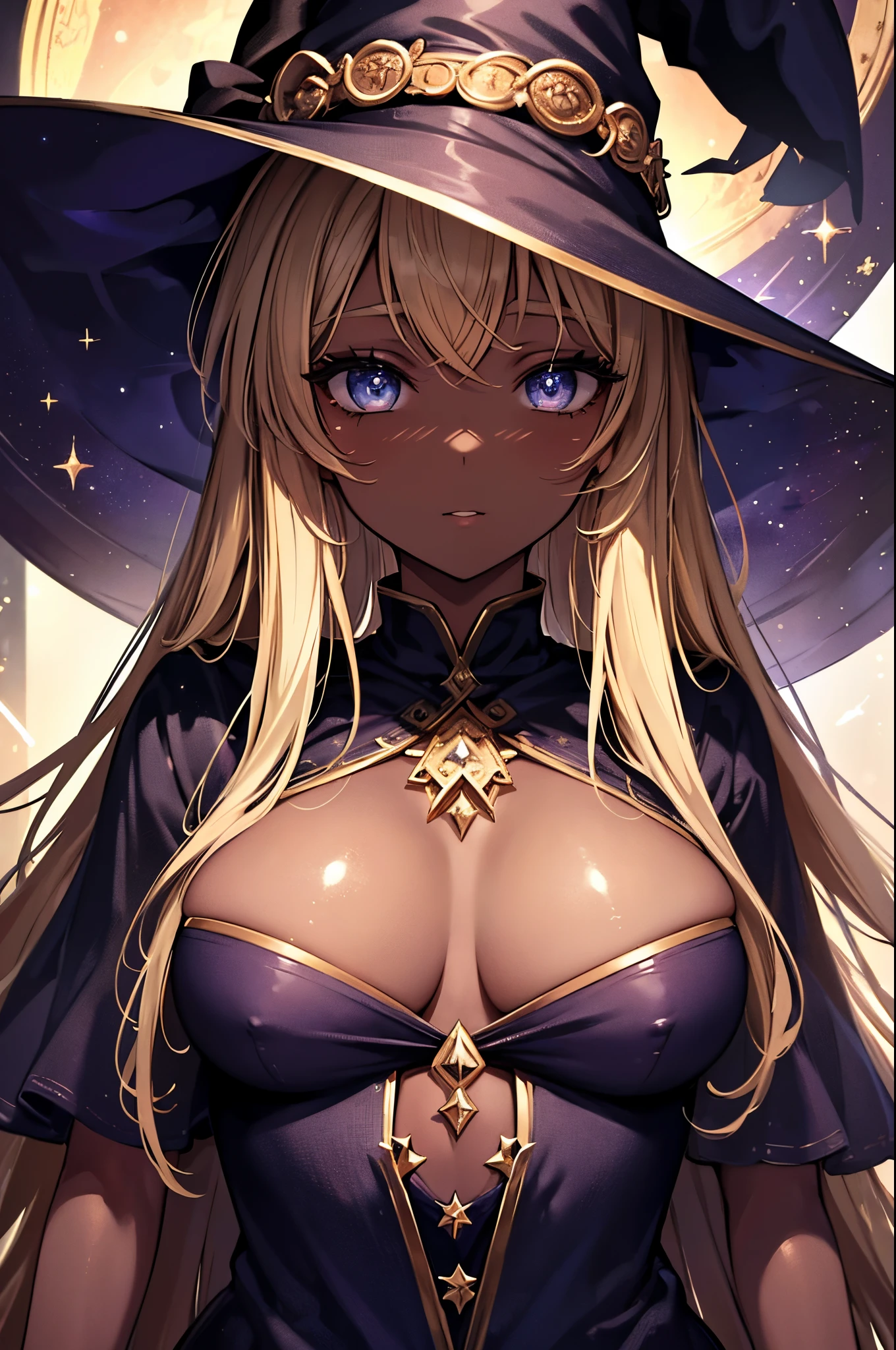 (Masterpiece, Best quality, ultra high resolution),1girl, dark brown skin, blonde hair, large breasts, witch outfit, witch hat stars under the hat, beautiful and detailed face, detailed eyes, detailed nose, the stars in the background