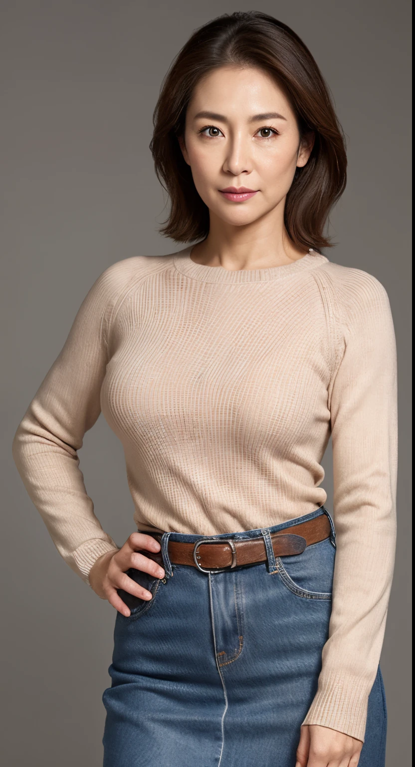 hight resolution, high-level image quality, high detailing, ​masterpiece, Textured skin, tre anatomically correct, sharp, greybackground((japanese mature, 50 years old)), 独奏, ((Wrinkles on the face)), large breasts with good shape, Light brown straight hair that reaches to the shoulders, chubby figure (((Stand upright facing the center of the screen))), Close your mouth and look straight ahead with a serious face, Sweaters, skirt by the, ((cowboy  shot)),