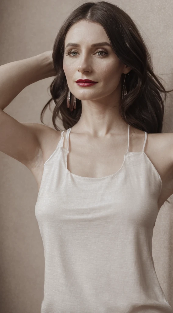 a woman with a red lipstick and a black background, wearing jeans and a loose-fitting white cotten tank top, cait miers, beautiful, attractive, maia sandu-carice van houten-cait miers-galen dara-mischa barton-christna hendricks merged, entire body visible, full body, hyperrealistic, best quality, 8K, real human skin, masterpiece, extremely intricate, detailed eyes, detailed face, detailed body, exaggerated features, pronounced features, fujifilm