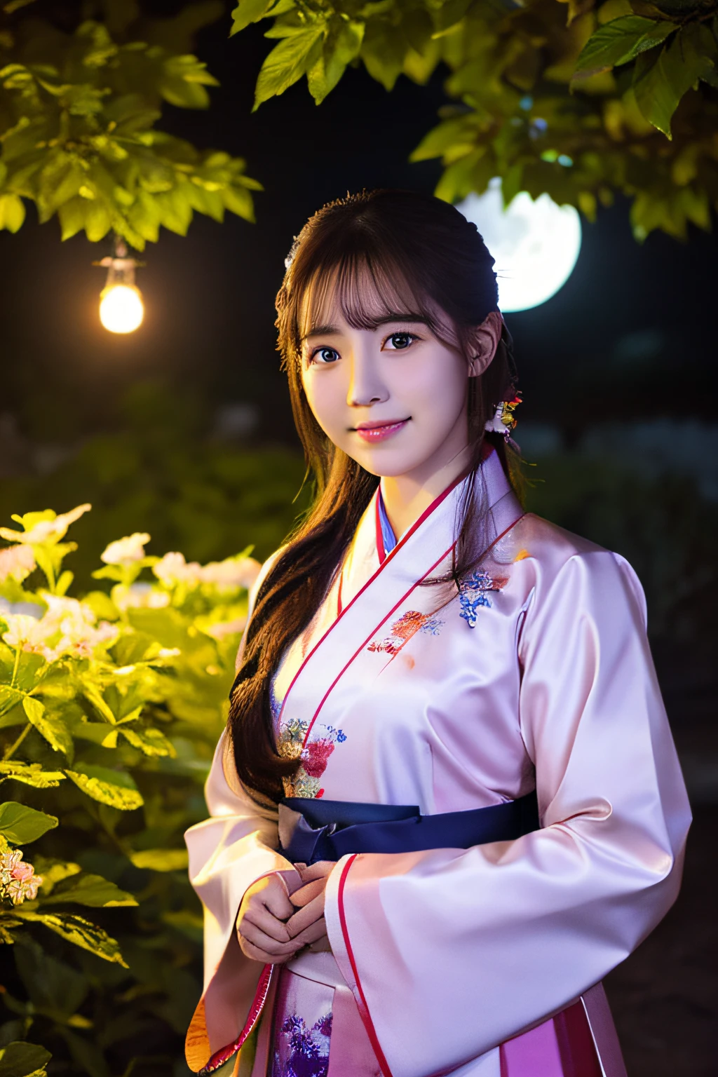 Best Quality, high_resolution, Distinct_image, Detailed background ,girl, hanbok,flower,garden,Moon, Night,