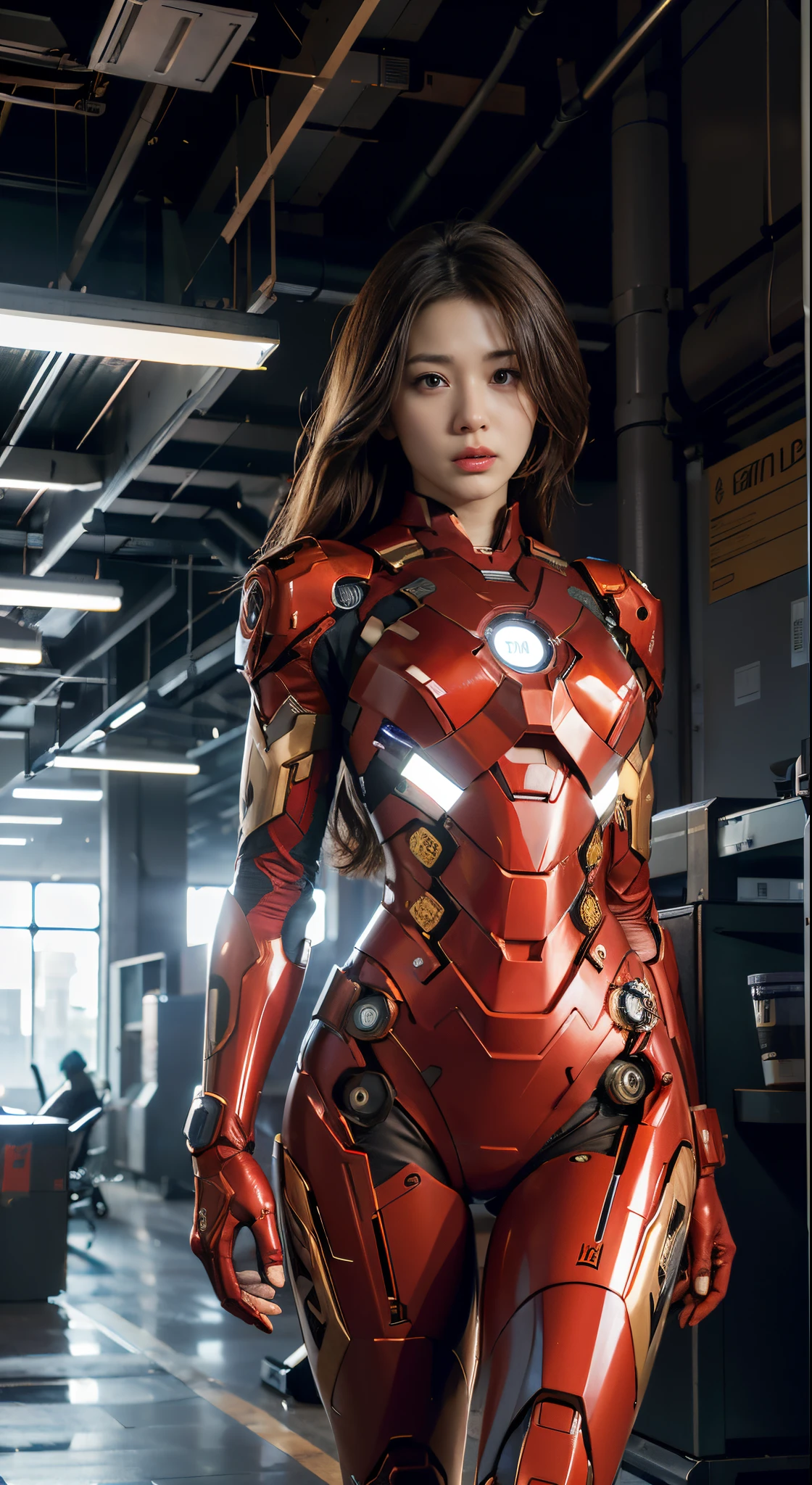 Wearing a red suit、Upset woman standing in room, Wojtekfors, cgsociety UHD 4k very detailed, cyberpunk iron man, Movie CG, akihiko yoshida. unreal-engine, Art germ ; 3d unreal engine, CG masterpiece, inspired by Marek Okon, CG8K, CG8K