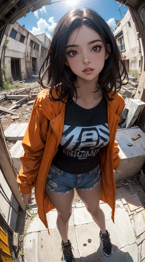 ((8k wallpaper of extremely detailed CG unit, ​masterpiece, hight resolution, top-quality)), (Beautuful Women, Plump lips, Hands in pockets:1.5, Grunge Fashion, wearing an orange blouson:1.2, Wearing micro mini shorts:1.2, Wearing sneakers:1.1), ((extra detailed face, Highly detailed black eyes, extra detailed body, Top quality real texture skins)), (A dark-haired, hair messy, de pele branca, Exposed belly), (Inside an abandoned building, Beautiful blue sky, suns), (high-angle:1.1, Fisheye:1.3), hyper realisitic, digitial painting,