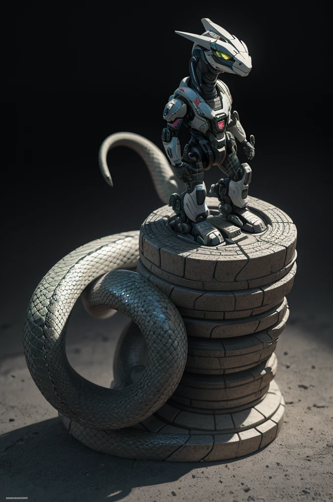 Viper Mecha, Full Body, Alone, Cyberpunk, Delicate Snake Head Head, Popmart Blind Box, Clay Texture, Treading on Earth, Black and White Background, Bonsai, Round Base, Natural Daylighting, Best Quality, Ultra Detail, 3D Art, C4D, OC Renderer, 3D Rendering, 8k