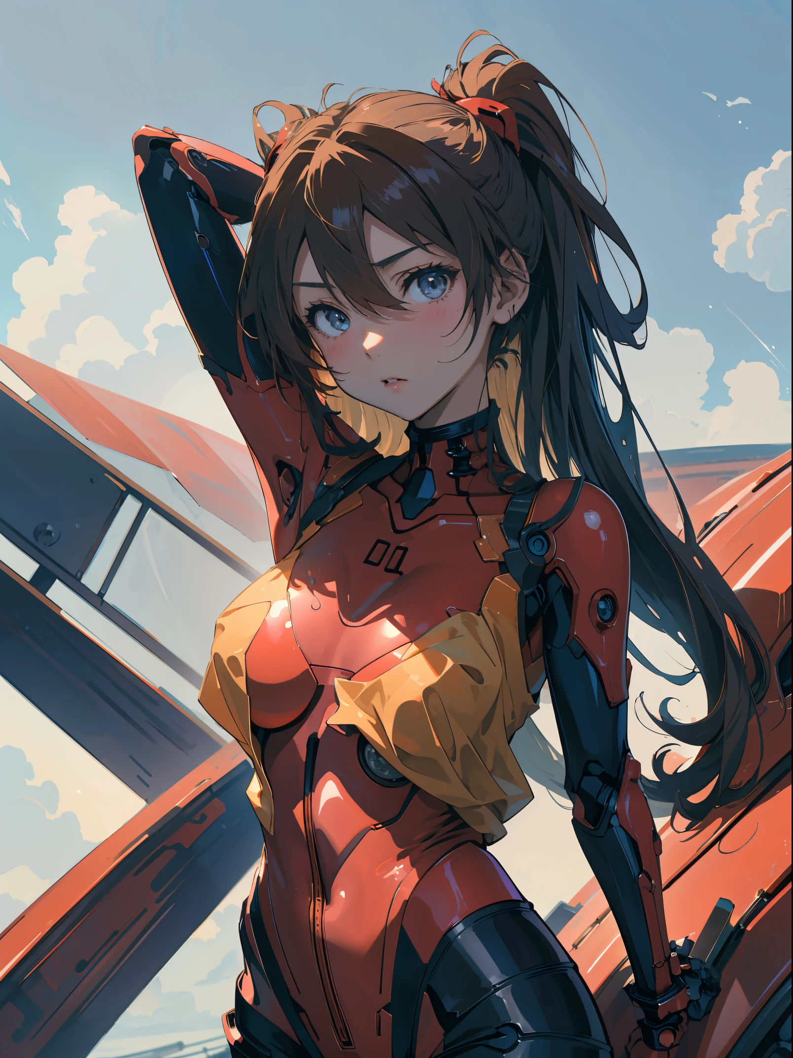 (biomechanical oppai, , Seductive girl,)、Souryu Asuka Langley, (masutepiece, Best Quality, Detailed), 1girl in, Solo, Arms behind your head, Cowboy Shot, Interface headset, Red bodysuit, Simple background、Woman in seductive pose、