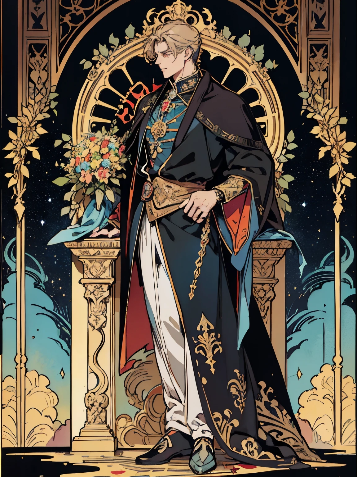 (Flat color:1.1),(Colorful:1.3),(Masterpiece:1.2), tarot: 1monarch on throne, black short hair, black robe with golden lining, Chris Bumstead, Leon Scott Kennedy, formidable and handsome, dominant, Best quality, Masterpiece, Original, Full body photo of men,Very detailed wallpaper,Solo,Blue starry sky,tarot card layout,Best quality, Masterpiece, (Realistic:0.6), Realistic lighting,Flower frame, Decorative panels, abstract artistic, Alphonse Mucha (tmasterpiece, best qualtiy, A high resolution: 1.4), A detailed, Complicated details, 4K,cerulean, Line art, Fibonacci