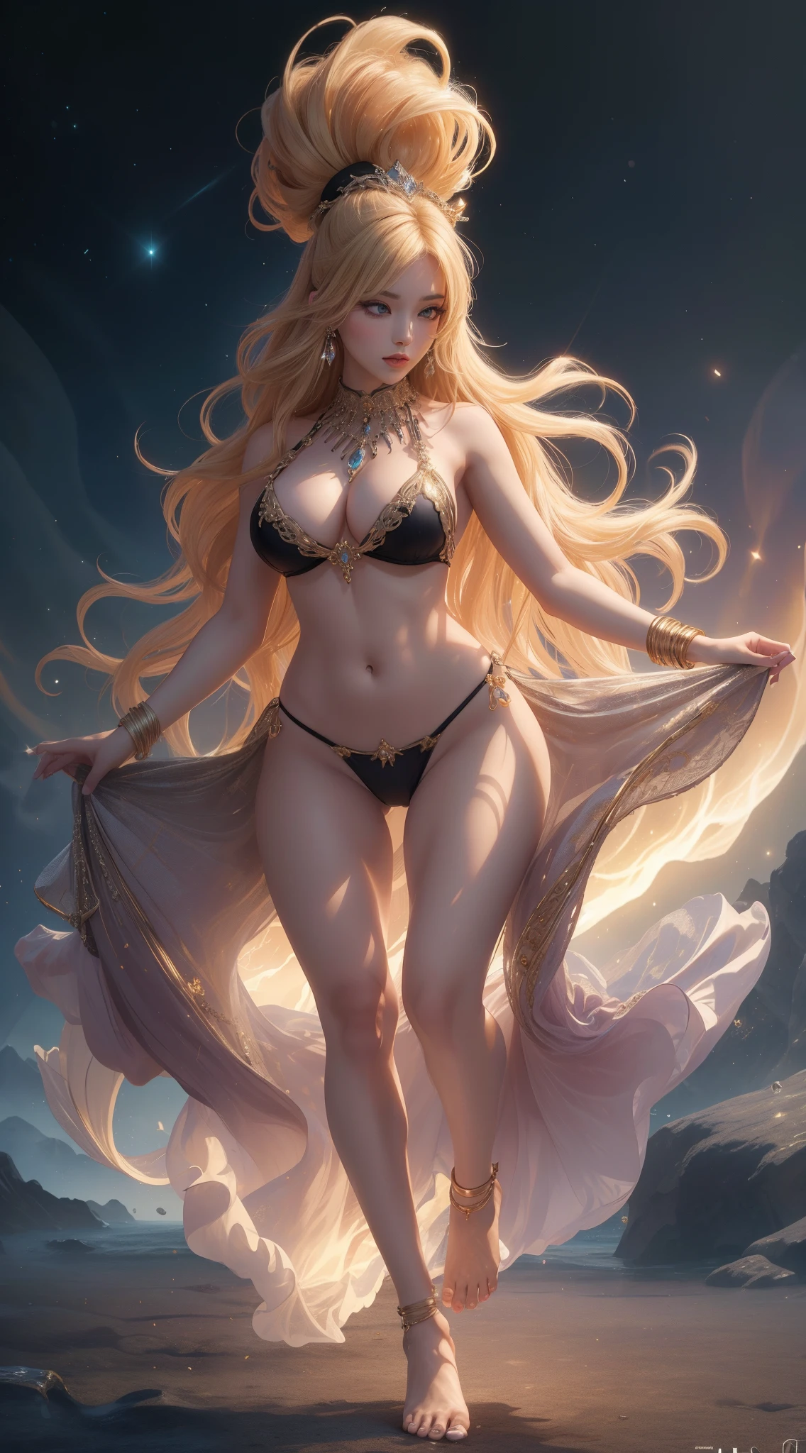 tmasterpiece，Highest image quality，Noble western dance beauty barefoot figure，Sophisticated black and blonde hairstyle，A dazzling array of exquisite jewelry A dazzling array of exquisite jewelry，Bikini costumes，Ultra-detailed details，advanced。At the Pixiv Art Station，Break your own power，，Obscenity exposed，R-18G