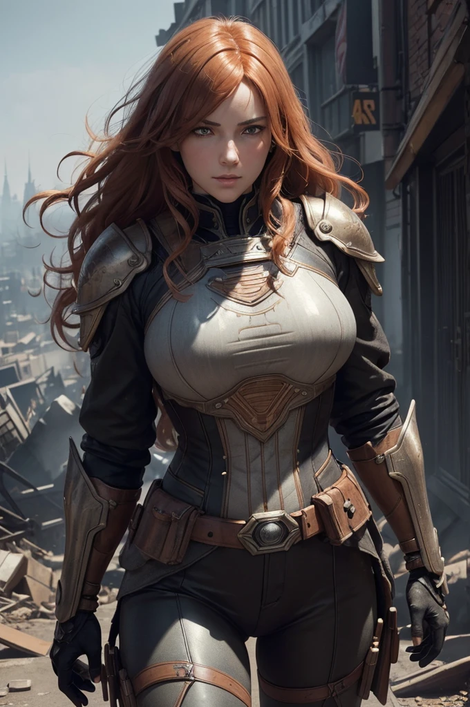 a beautiful woman, orange eyes, (blush nose), detailed eyes, cinematic, drawn by Greg Rutkowski, Yoji Shinkawa: 0.6long curly orange hair, defined body, wearing detailed Victorian-era armor (((super strong)), masterpiece, best quality, ultra-detailed, ground, destroyed city background, shadows, contrast, gray sky, style (look at viewer: 1.2) (skin texture) (film grain: 1.3), ultra-high resolution, octane render, 16k
