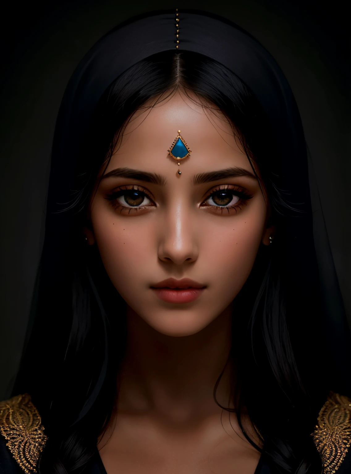 A symmetrical portrait of a woman named Mary,Palestinian, with piercing eyes, detailed face, high details, photography, dark studio, edge light, Nikon D850|, 50mm, F/1.4