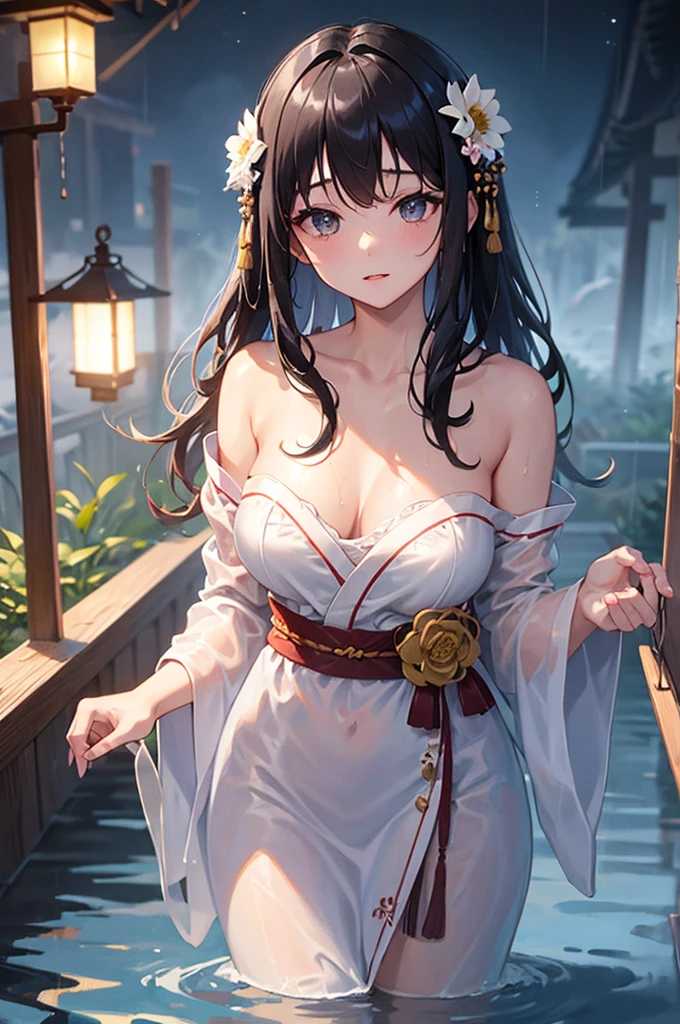 Young woman, very delicate and beautiful eyes, black hair, long hair, bangs, hair accessory, wet hair, very detailed, standing in ankle-deep water, reflection, moon, raining, wet clothes, Japanese clothes , yukata, strapless, translucent, floral pattern, open neck, open shoulder, chest, wet, lantern, night, outdoors, rainy, mountains, clouds, lantern, night sky, trees, very detailed, CG, movie lighting, detailed backgrounds, East Asian architecture