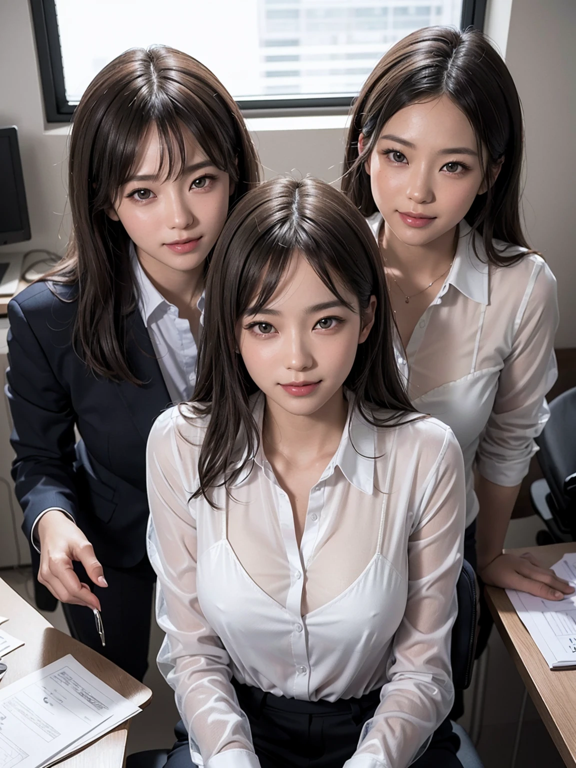 (Masterpiece), (8K, Photorealistic, RAW Photography, Best Quality: 1.4), Japan, Beautiful Face, (Realistic Face), (Medium Hair:1.3), Realistic Eyes, Beautiful Eyes, Attractive, Ultra High Definition, Ultra Realistic, High Definition, Beautiful Japan woman, grey suit, open jacket, ((jacket)), office lady, suit, ((pants)), (modern office indoors), desk, detailed face, long hair, group picture, multiple girls, 4girls, looking at viewer, ((smile)), (from above), ((white shirt)), (open shirt), ((see-through:1.4)), (black bra)