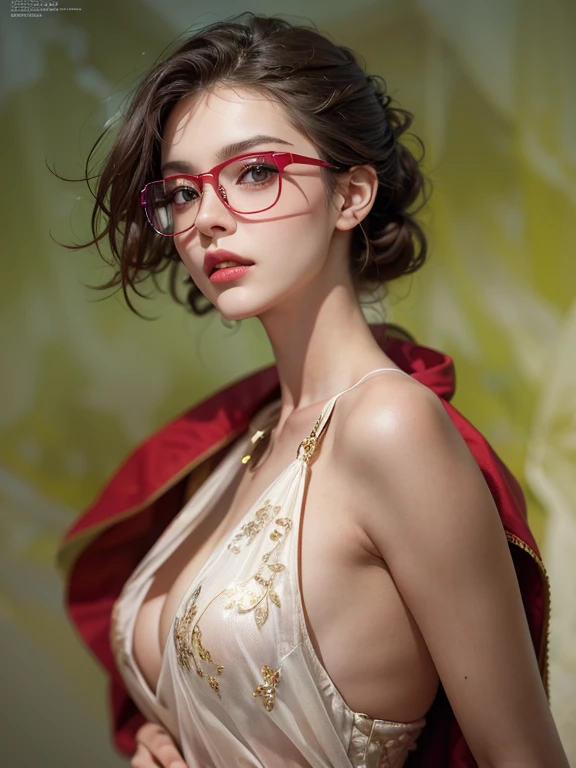 (best quality color photo of a mysterious beautiful woman on a fashion magazine cover, wearing fashion glasses, haute couture fashion shoot:1.2),(An extremely delicate and beautiful work:1.2), elegant pose, glamorous fashion pose, simple background, art nouveau, luxury fashion, ( rectangular design glasses),(she is the embodiment of beauty and allure, her clothes are soft and light texture as air, elegant and sophisticated fashion) detailed face, looking at viewer, detailed eyes, black eyes, lustrous lips ,cleavage, Gentle and enigmatic expression, High color saturation, (best quality, masterpiece, ultra detailed, ultra high res, photorealistic, raw photo, absurdres, absolutely resolution:1.4), break ,red flame glasses