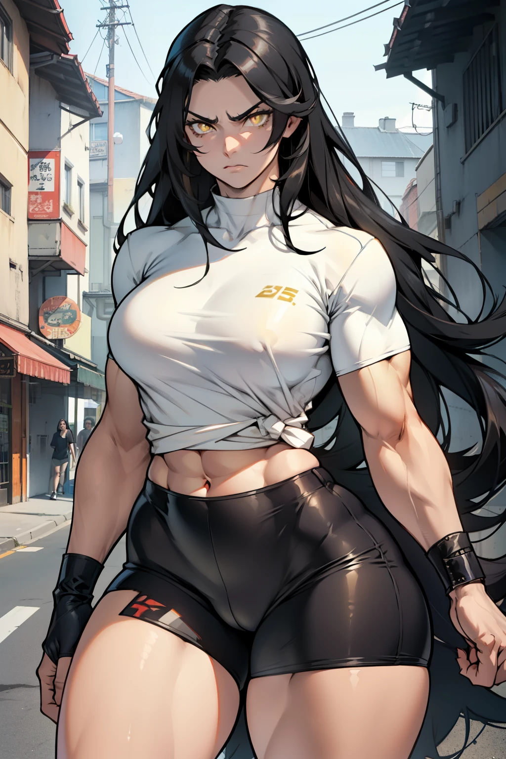 (((1girl muscular))) black hair very long hair yellow eyes pale skin angry tight shirt (thick thighs wide hips perky breasts)