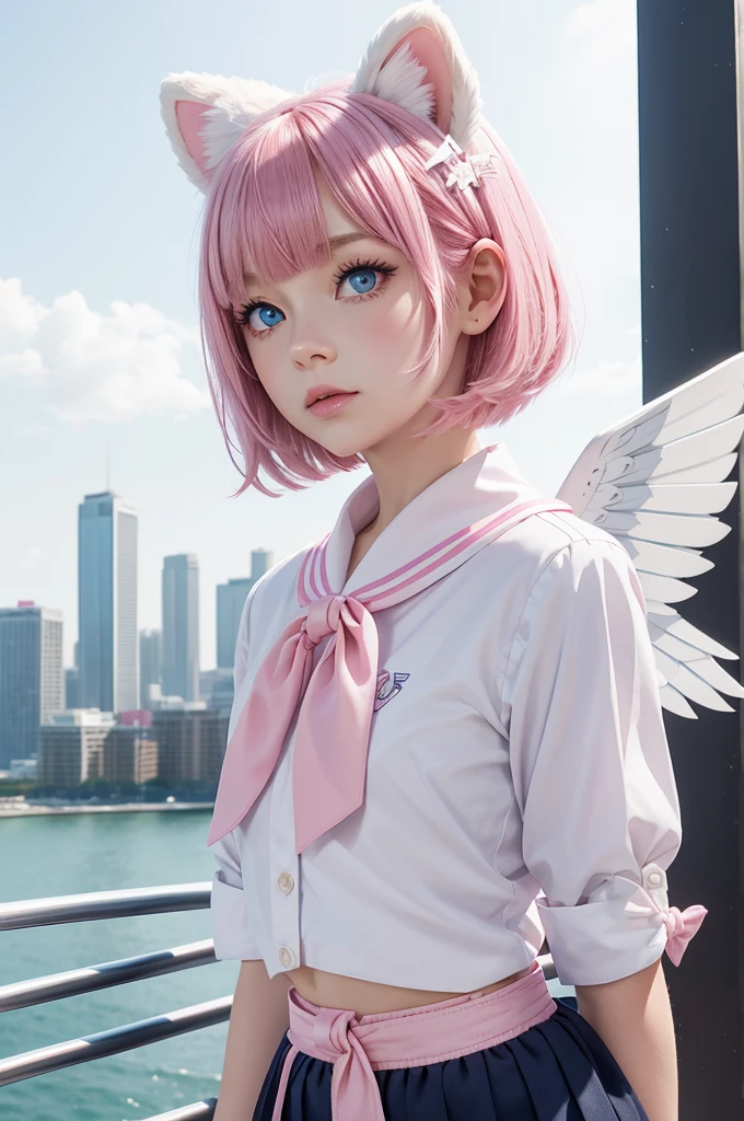 skistyle, 1girl, solo, pink hair, animal ears, blue eyes, wings, looking at viewer, bangs, short hair, bow, sailor collar, white sailor collar, hair bow, pink bow, closed mouth, shirt, white shirt, bear ears, bob cut, mini wings, portrait, detached wings, makeup, upper body, city in background