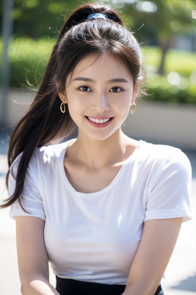 (On a table, Best quality, realistically, ultra - detailed, meticuloso, A high resolution, 8k wallpaper), Close-up portrait of a beautiful woman, Chariada, Smiling, light brown messy hair, Perfect dynamic composition, 美丽meticuloso的眼睛, Just like the cover of a fashion magazine, On campus