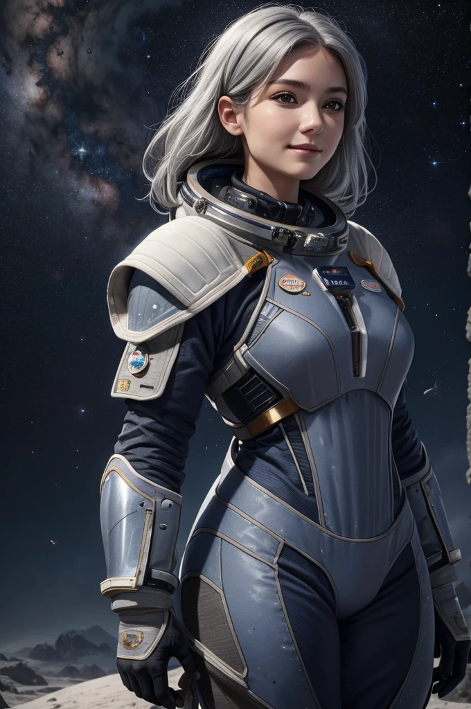 Best Quality, Ultra High Resolution, (Realism: 1.4), Depth of Field, Beautiful Face, (PureErosFace_V1: 0.8), Halfbody, | | 1girl, medium chest, (gray hair: 1.3), innocent smile, natural makeup, | | | Model pose, | | (Spacesuit: 1.3), (Blue Armor: 1.3), Exquisite Design, | | Space Background, Stars_(Sky), Moonlight, Night, | |
