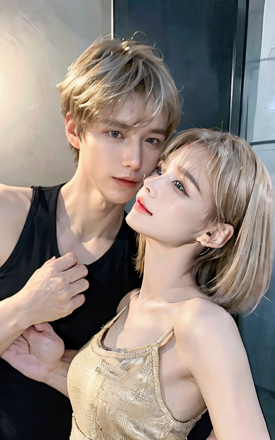 (Realistic lighting、top-quality、8K、masterpiece:1.3) (realism: 1.4), ((close up:0.75)) A couple, young masculine male with blond color short boyish hair, wearing a tank top, holding hands with a young woman with black long hair, wearing a white dress, heterosexual good-looking couple.