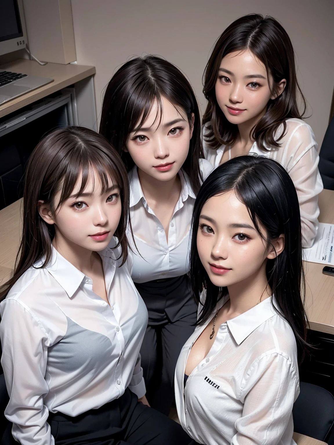 (Masterpiece), (8K, Photorealistic, RAW Photography, Best Quality: 1.4), Japan, Beautiful Face, (Realistic Face), (Medium Hair:1.3), Realistic Eyes, Beautiful Eyes, Attractive, Ultra High Definition, Ultra Realistic, High Definition, Beautiful Japan woman, grey suit, open jacket, ((jacket)), office lady, suit, ((pants)), (modern office indoors), desk, detailed face, long hair, group picture, multiple girls, 4girls, looking at viewer, ((smile)), (from above), ((white shirt)), (open shirt), ((see-through:1.4))