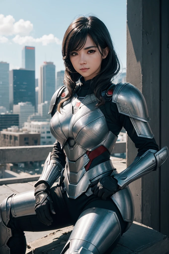 Armor Warriors, Bustling City, (inspired by the Avengers), Armor Suits, Seated, (8k, foto RAW, fotorrealista: 1, 25), (muito brilho labial, very many eyelashes, melhor qualidade, ultra high-resolution, profundidade de campo, chromatic aberration, Luz Ampla, Cor Natural, distant images (1:2)