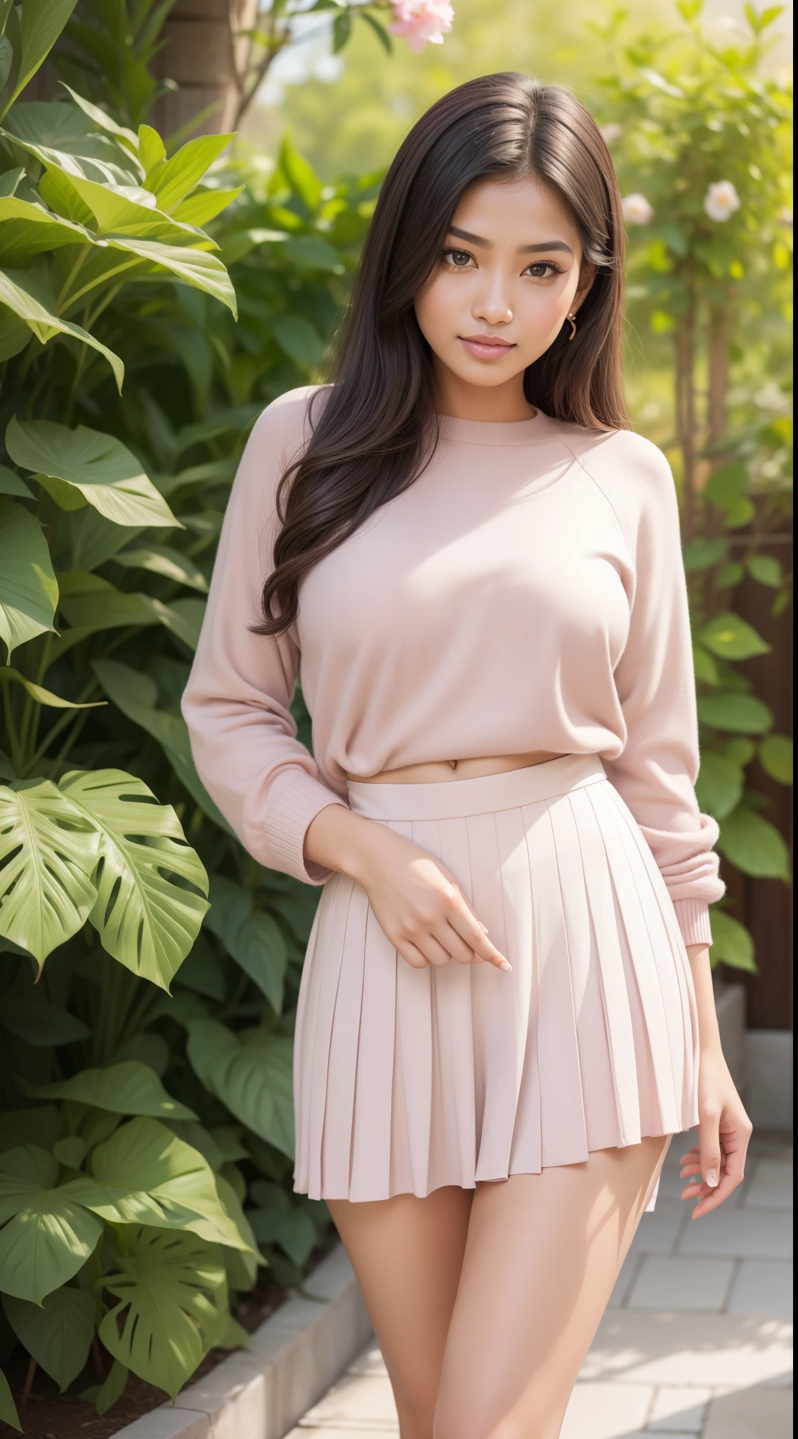 RAW, Best quality, high resolution, works: 1.3), beautiful Malay woman in hijap:0.8),1Beautiful Malay woman in hijap, beautiful face, watery eyes, perfect lips, big eyeig breasts)),perfect body, thick thighs ,soft smiling, wearing a green pleated red sweater and skirt, feminine in cute pastel colors, pleated skirt, feminine in pastel colors, wearing a long fluent skirt, layered clothes, wearing long flowing fabrics, pastel style, pastel clothes, in pastel colors, muted pink and grey, muted and pastel colors, in pastel colors, standing on floral garden, close up, bright lighting,